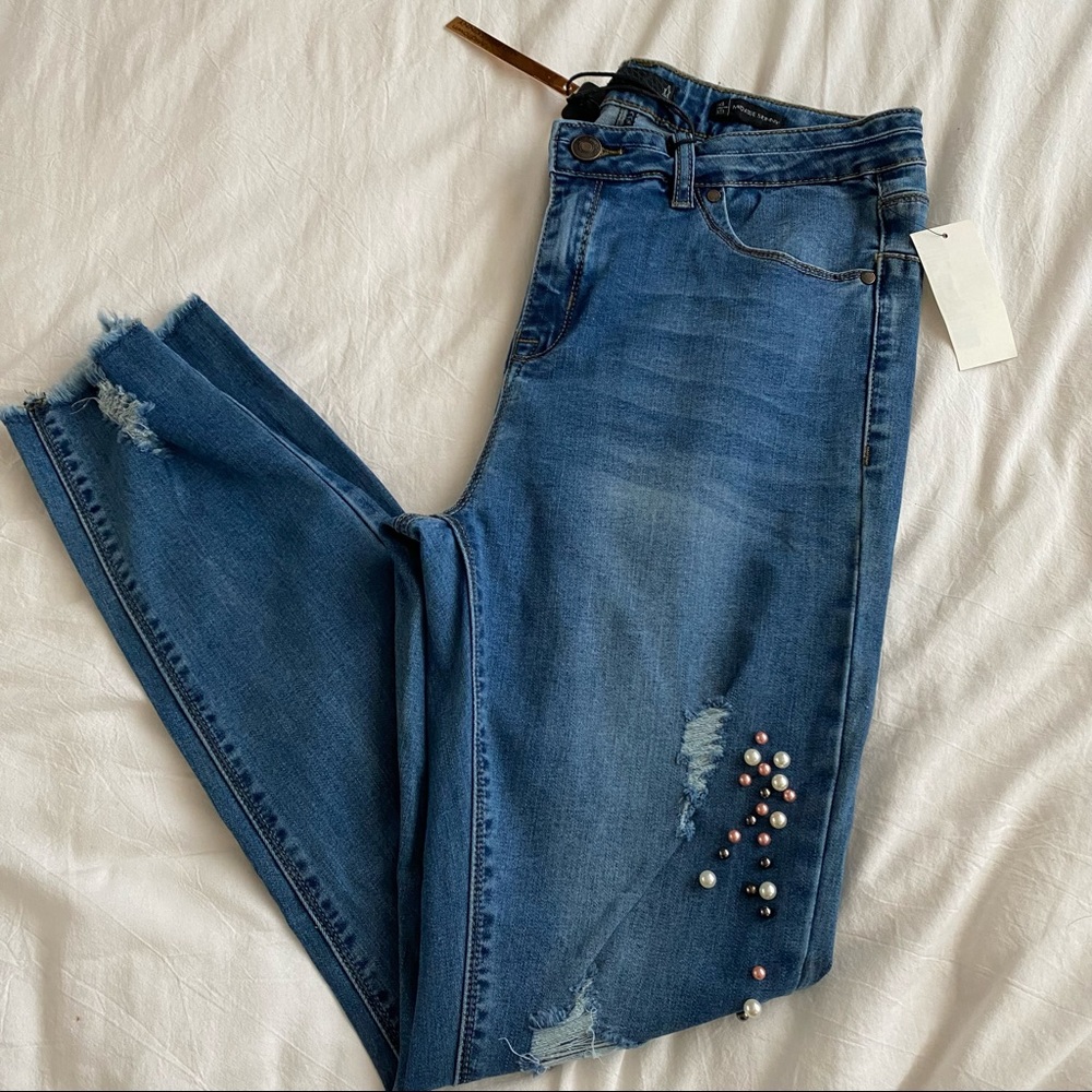 Lala Anthony collection Faux Pearl-Accented Distressed Skinny Jeans size 14 / 33 - Picture 5 of 6